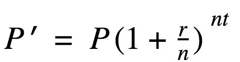 Future principal value equals the principal multiplied by (1 plus the annual rate divided by n) raised to the power of n times t.